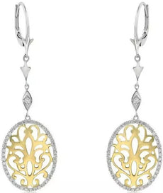 .65CT DIAMOND 14KT 2 TONE GOLD 3D OVAL OPEN FILIGREE LEVERBACK HANGING EARRINGS