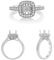 .34CT DIAMOND 14KT WHITE GOLD CUSHION & ROUND 4 PRONG SEMI MOUNT ENGAGEMENT RING