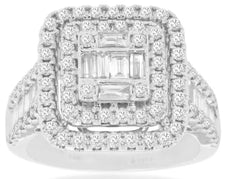 1.63CT DIAMOND 14KT WHITE GOLD 3D ROUND & BAGUETTE DOUBLE HALO ANNIVERSARY RING