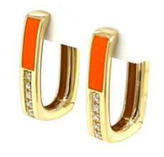 .10CT DIAMOND & ORANGE ENAMEL 18KT YELLOW GOLD RECTANGULAR FUN HANGING EARRINGS