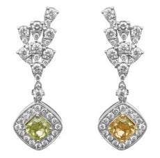 LARGE 2.56CT MULTI COLOR DIAMOND 18K WHITE GOLD 3D CUSHION & ROUND HALO EARRINGS