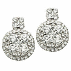 ESTATE 2.02CT DIAMOND 18KT WHITE GOLD 3D ROUND CLUSTER FLOWER HANGING EARRINGS
