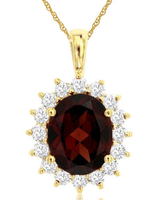 3.40CT DIAMOND & AAA GARNET 14KT YELLOW GOLD OVAL FLOWER PRINCESS DIANA PENDANT