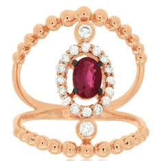 ESTATE LARGE .86CT DIAMOND & AAA RUBY 14K ROSE GOLD OVAL & ROUND FLOWER FUN RING