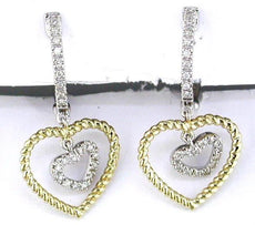 ESTATE .17CT DIAMOND 14KT 2 TONE GOLD CLASSIC DOUBLE HEART FUN HANGING EARRINGS