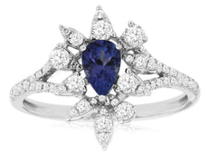 .87CT DIAMOND & AAA TANZANITE 14KT WHITE GOLD PEAR SHAPE & ROUND FLOWER FUN RING