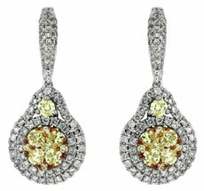 ESTATE 1.90CT WHITE & FANCY YELLOW DIAMOND 14KT WHITE GOLD HALO HANGING EARRINGS