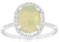 1.91CT DIAMOND & AAA OPAL 14KT WHITE GOLD OVAL & ROUND CABOCHON HALO LOVE RING