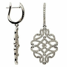 ESTATE 1.36CT DIAMOND 18K WHITE GOLD HEART FLOWER OPEN FILIGREE HANGING EARRINGS