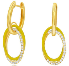 .24CT DIAMOND & YELLOW ENAMEL 14KT YELLOW GOLD OVAL LOVE KNOT HUGGIE EARRINGS