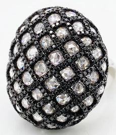 EXTRA LARGE 6.10CT ROSE CUT & BLACK DIAMOND 18K WHITE GOLD 3D MULTI ROW FUN RING