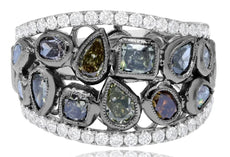 LARGE 3.80CT WHITE & MULTI COLOR MULTI SHAPE DIAMOND 18K WHITE & BLACK GOLD RING