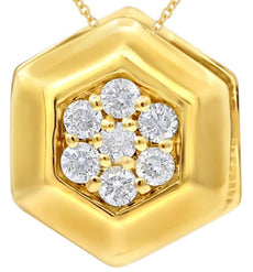 .07CT DIAMOND 14K YELLOW GOLD 3D CLASSIC 7 STONE HEXAGON FLOWER FLOATING PENDANT