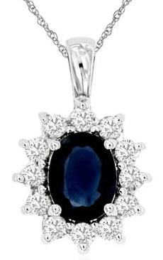 2.03CT DIAMOND & AAA SAPPHIRE 14KT WHITE GOLD OVAL & ROUND FLOWER LOVE PENDANT