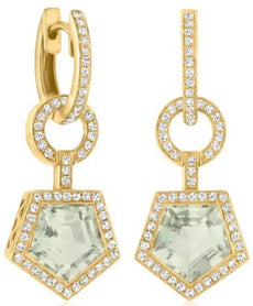4.66CT DIAMOND & AAA GREEN AMETHYST 14KT YELLOW GOLD PENTAGON CIRCULAR EARRINGS