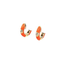 .05CT DIAMOND & ORANGE ENAMEL 18KT YELLOW GOLD 3D HOOP HUGGIE HANGING EARRINGS