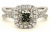 1.68CT WHITE & GREEN DIAMOND 18K WHITE GOLD CUSHION & ROUND HALO ENGAGEMENT RING