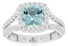 2.09CT DIAMOND & AAA AQUAMARINE 14KT WHITE GOLD CUSHION & ROUND ENGAGEMENT RING