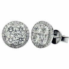 ESTATE LARGE 1.50CT DIAMOND 18KT WHITE GOLD 3D ROUND CLUSTER HALO STUD EARRINGS