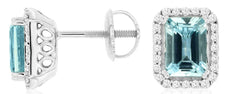 1.95CT DIAMOND & AAA AQUAMARINE 14K WHITE GOLD EMERALD CUT & ROUND STUD EARRINGS