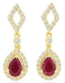 1.38CT DIAMOND & AAA RUBY 14K YELLOW GOLD 3D PEAR SHAPE & ROUND HANGING EARRINGS