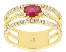 .89CT DIAMOND & AAA RUBY 14KT YELLOW GOLD 3D PEAR SHAPE & ROUND TRIPLE BAND RING