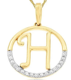 .02CT DIAMOND 14KT 2 TONE GOLD CLASSIC H INITIAL CIRCULAR FUN FLOATING PENDANT
