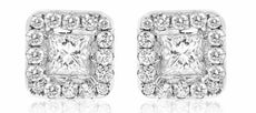 .88CT DIAMOND 14KT WHITE GOLD ROUND & PRINCESS SQUARE HALO CLASSIC STUD EARRINGS