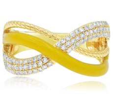 .46CT DIAMOND & YELLOW ENAMEL 14K YELLOW GOLD 3D MULTI ROW CRISS CROSS LOVE RING