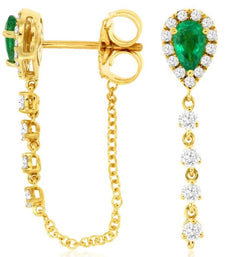 .77CT DIAMOND & AAA EMERALD 14KT YELLOW GOLD PEAR SHAPE & ROUND HANGING EARRINGS