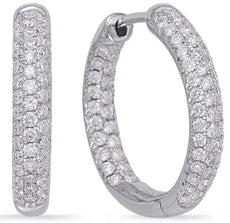 1.07CT DIAMOND 14KT WHITE GOLD 3D 3 ROW PAVE INSIDE OUT HOOP HANGING EARRINGS