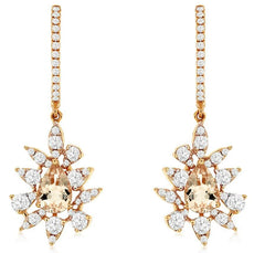 1.45CT DIAMOND & AAA MORGANITE 14K ROSE GOLD PEAR SHAPE & ROUND HANGING EARRINGS
