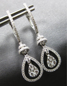 .83CT DIAMOND 18KT WHITE GOLD CLUSTER TEAR DROP DOUBLE SWIRL HANGING EARRINGS
