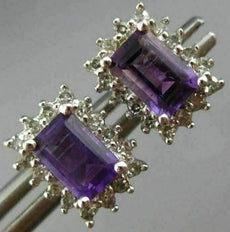 ESTATE 1CT DIAMOND & AAA AMETHYST 14K WHITE GOLD HALO EMERALD CUT STUD EARRINGS