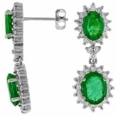 ESTATE 5.10CT DIAMOND & AAA EMERALD 14K WHITE GOLD 3D CLASSIC OVAL HALO EARRINGS