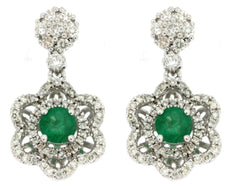 ESTATE 1.90CT DIAMOND & AAA EMERALD 14K WHITE GOLD ROUND FLOWER HANGING EARRINGS