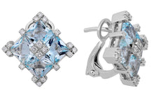 1.88CT DIAMOND & AAA AQUAMARINE 18K WHITE GOLD PRINCESS & ROUND CLIP ON EARRINGS
