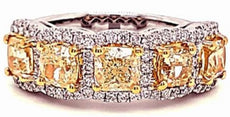 3.50CT WHITE & FANCY YELLOW DIAMOND 18K 2 TONE GOLD 3D CUSHION & ROUND HALO RING