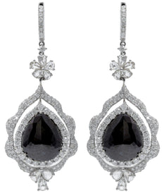 LARGE 19.5CT WHITE & BLACK DIAMOND 18KT WHITE GOLD PEAR SHAPE & ROUND EARRINGS