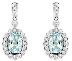 1.15CT DIAMOND & AAA AQUAMARINE 14KT WHITE GOLD 3D OVAL & ROUND HANGING EARRINGS
