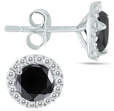 1.25CT WHITE & BLACK DIAMOND 14KT WHITE GOLD ROUND SOLITAIRE HALO STUD EARRINGS