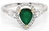 .88CT DIAMOND & AAA EMERALD 18K 2 TONE GOLD PEAR SHAPE & ROUND 3 STONE HALO RING
