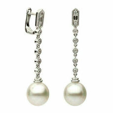 ESTATE LARGE .33CT DIAMOND & AAA SOUTH PEARL 18KT WHITE GOLD 3D HANGING EARRINGS