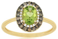 1.23CT WHITE & MOCHA DIAMOND & AAA PERIDOT 14K YELLOW GOLD OVAL & ROUND FUN RING