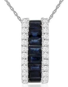 1.13CT DIAMOND & AAA SAPPHIRE 14KT WHITE GOLD 3D EMERALD CUT & ROUND BAR PENDANT