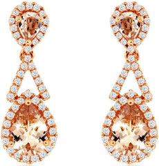 1.94CT DIAMOND & AAA MORAGNITE 14KT ROSE GOLD PEAR SHAPE HALO HANGING EARRINGS