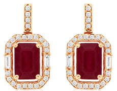 2.56CT DIAMOND & AAA RUBY 14KT ROSE GOLD 3D EMERALD CUT & ROUND HANGING EARRINGS
