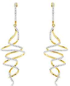 0.43CT DIAMOND 14K 2 TONE GOLD MULTI ROW DOUBLE SWIRL CHANDELIER HANGING EARRINGS