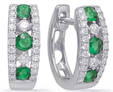 .56CT DIAMOND & AAA EMERALD 14K WHITE GOLD 5 STONE 3 ROW CLASSIC HUGGIE EARRINGS