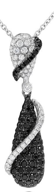 .81CT WHITE & BLACK DIAMOND 18KT WHITE GOLD DOUBLE SWIRL TEAR DROP LOVE NECKLACE